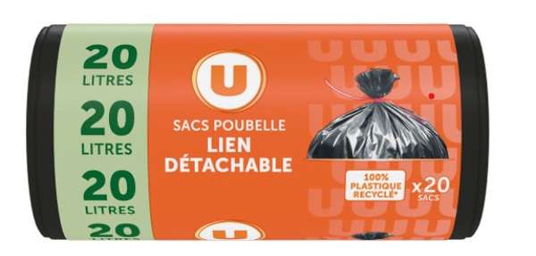Sacs poubelle 100% recyclé à lien détachable, U (20 x 20L)