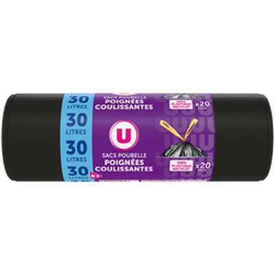 Sacs poubelle 100% recyclé liens coulissants, U (20 x 30 L)