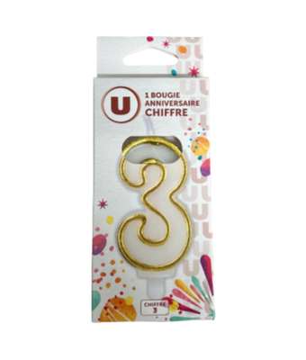 Bougie anniversaire chiffre 3 doré, U