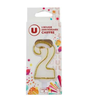 Bougie anniversaire dorée chiffre 2, U (x1)