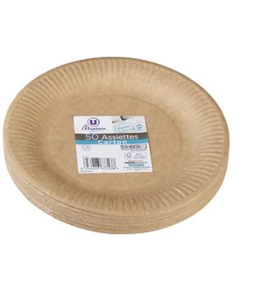 Assiette en carton ronde kraft FSC 23 cm, U MAISON (x 50)