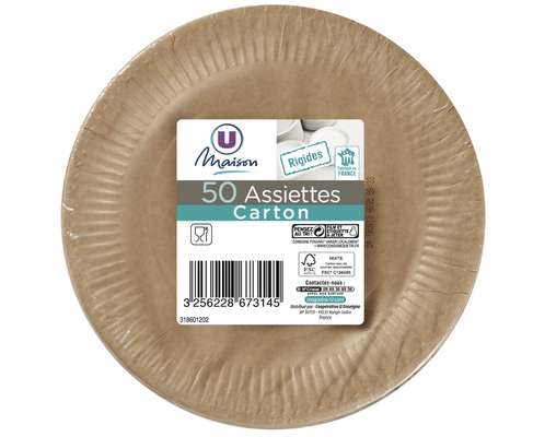 Assiette en carton ronde kraft FSC 18 cm, U MAISON (x 50)
