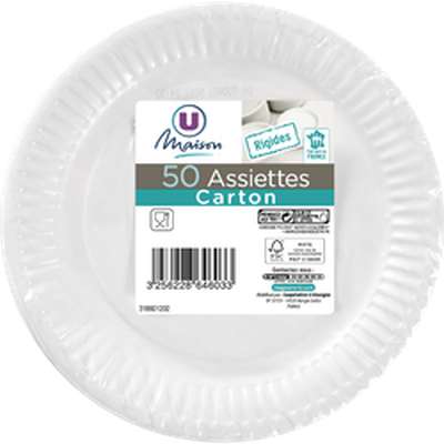 Assiette en carton ronde blanc FSC 18 cm, U MAISON (x 50)
