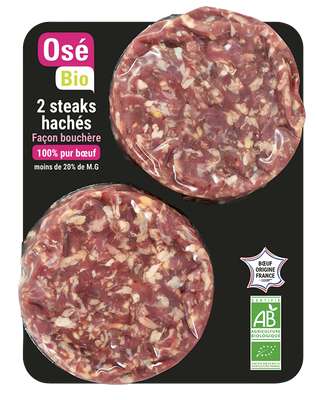Steak haché pur boeuf 20 % MG façon bouchère BIO, Osé bio (x 2, 200 g)