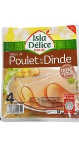 Délice de poulet et de dinde doré au four halal, Isla Delice (4 tranches, 120 g)