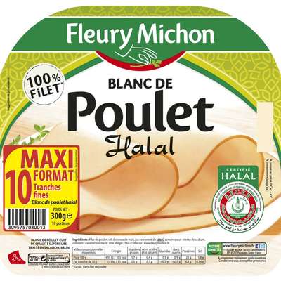 Blanc de poulet tranches fines Halal, Fleury Michon  (10 tranches, 300 g)