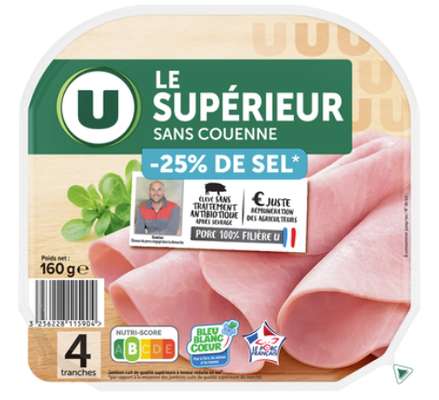 Jambon supérieur sans couenne sel réduit Bleu Blanc Coeur, U (x 4, 160 g)