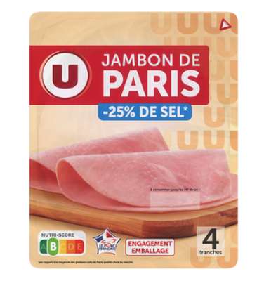 Jambon de Paris découenné dégraissé -25% de sel, U (x 4, 140 g)