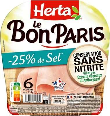 Jambon Le Bon Paris -25% de sel et sans nitrite, Herta (6 tranches, 210 g)