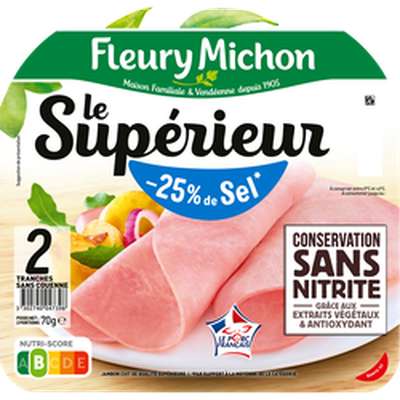 Jambon le supérieur -25% de sel conservation sans nitrite, Fleury Michon (2 tranches, 70 g)