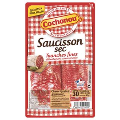 Saucisson sec pur porc, Cochonou (30 tranches fines, 93 g)