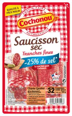 Saucisson sec pur porc -25% de sel, Cochonou (32 tranches fines, 100 g)