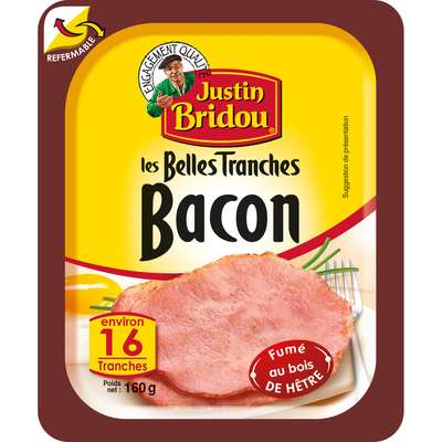 Bacon fumé au bois de hêtre en boite refermable, Justin Bridou (16 tranches, 160 g)