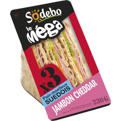 Sandwich suédois Le Méga Club jambon cheddar, Sodebo (230 g)