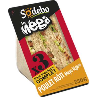 Sandwich méga club complet poulet roti mayo, Sodebo (230 g)