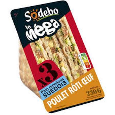 Sandwich le méga club suédois, poulet rôti et oeuf, Sodebo (230 g)