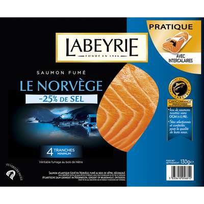 Saumon fumé -25% de sel, Labeyrie (4 tranches, 130 g)