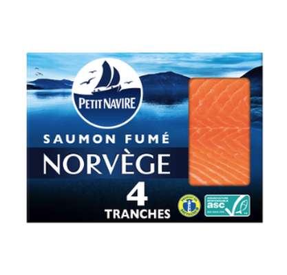 Saumon Atlantique élevé en Norvège fumé, Petit Navire (4 tranches, 120 g)