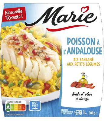 Poisson à l'Andalouse, riz safrané et courgettes grillées, Marie  (300 g)