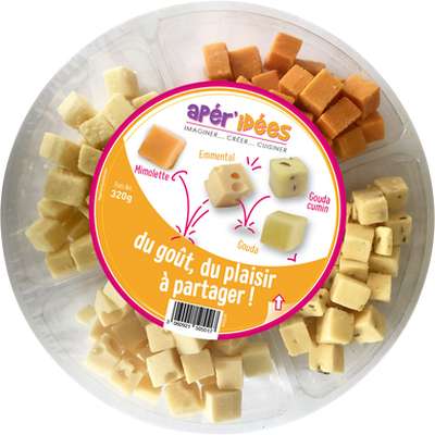 Plateau 4 fromages lait pasteurisé (emmental, mimo, gouda, gouda cumin) 28%mg, Aper'idées (320 g)
