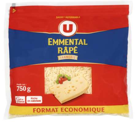 Emmental français râpé au lait pasteurisé 29% de MG, U (750 g)