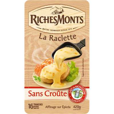 Raclette au lait de montagne pasteurisé sans croûte, RichesMonts (16 tranches, 420 g)