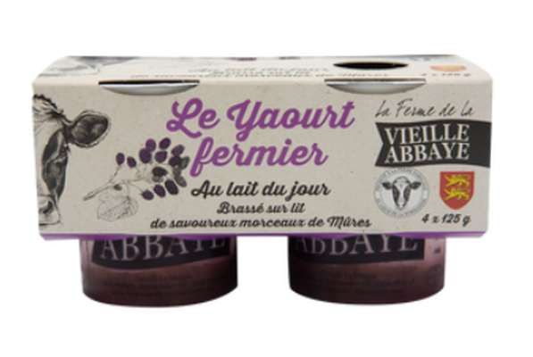 Yaourt fermier brassé aux morceaux de mûres au lait du jour, La Vieille Abbaye (4 x 125 g)