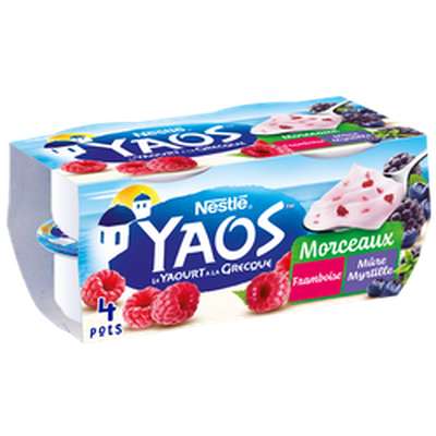 Yaourt à la grecque avec morceaux de framboises, mûres et myrtilles, Yaos (4 x 125 g)