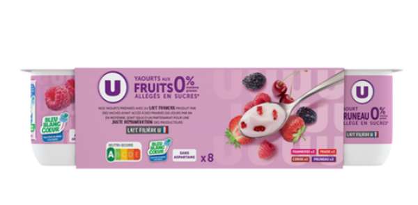 Yaourt allégé en sucres aux fruits rouges 0% de MG, U (8 x 125 g)
