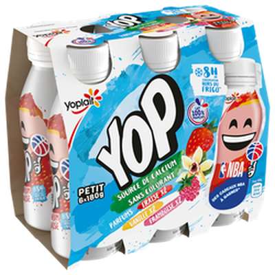 Yaourt à boire sucré aromatisé fraise, vanille, framboise, P'tit Yop (6 x 180 g)