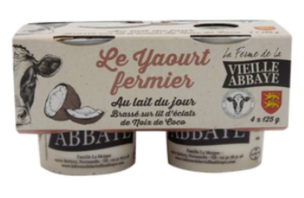Yaourt fermier brassé aux éclats de noix de coco au lait du jour, La Vieille Abbaye (4 x 125 g)
