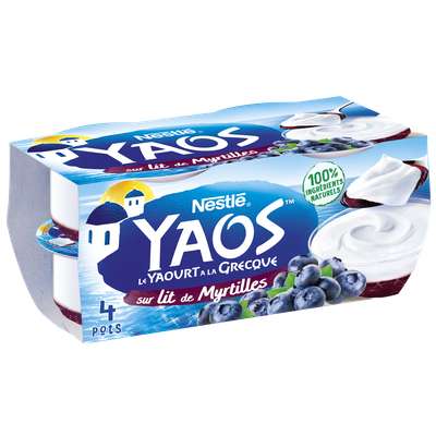 Yaourt nature sur lit de myrtilles à la Grecque Yaos, Nestlé (4 x 125 g)
