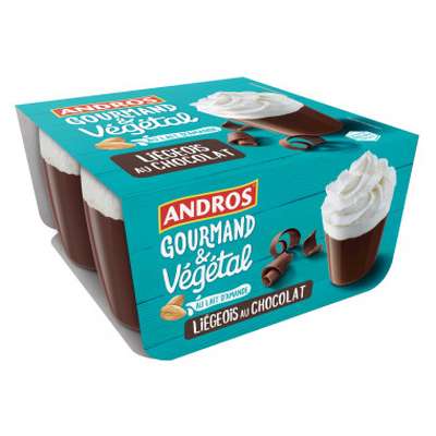 Dessert végétal Liégeois au chocolat au lait d'amande, Andros (4 x 90 g)