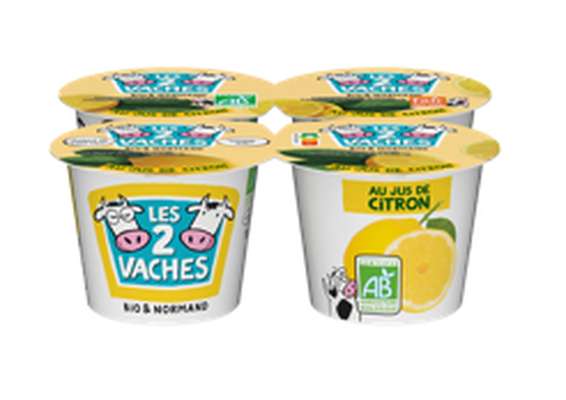 Yaourt au jus de citron BIO, Les 2 Vaches (4 x 115 g)