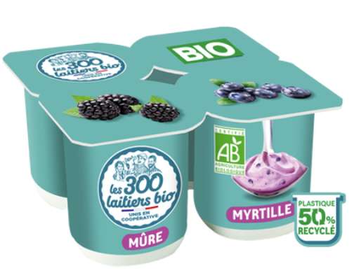 Yaourts brassés bio panaché mûre et myrtille, Les 300 Laitiers Bio (4 x 125 g)