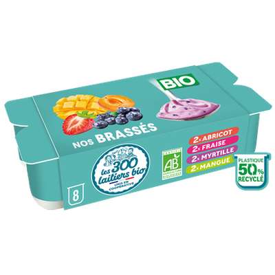Yaourts panaché fraise, myrtille, abricot et mangue BIO, Les 300 Laitiers BIO (8 x 125 g)