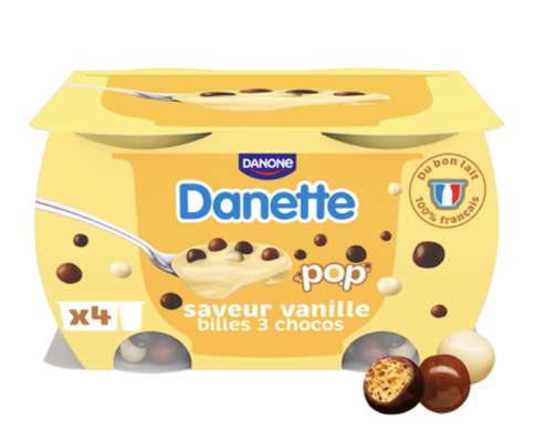 Crème dessert Pop Vanille et billes 3 Chocolats, Danette (4 x 117 g)