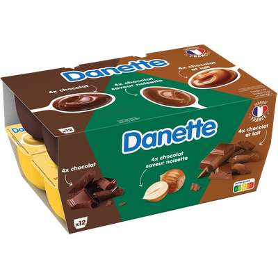Danette 3 saveurs chocolat au lait/ chocolat noisette/ chocolat (12 x 115 g)