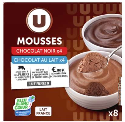 Mousse chocolat au lait et chocolat noir panachée, U (8 x 60 g)