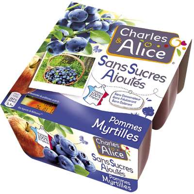 Compote pomme myrtille sans sucre ajouté, Charles & Alice (4 x 97 g)