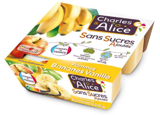 Compote pomme, banane et vanille sans sucres ajoutés, Charles & Alice (4 x 100 g)