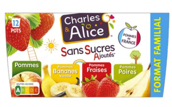 Panaché de compotes Pomme/ Pomme Banane/Pomme Fraise/Pomme Poire, Charles et Alice (12 x 97 g)