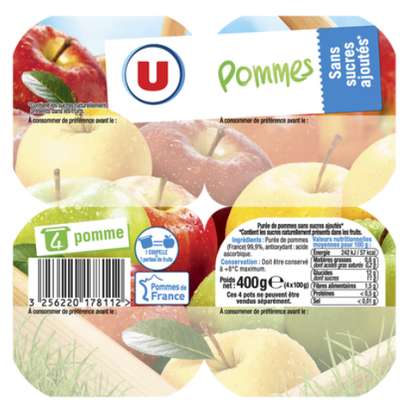 Purée de fruits aux pommes sans sucres ajoutés, U (4 x 100 g)