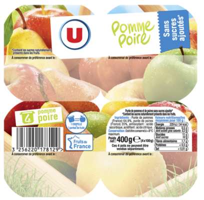 Purée de fruits aux pommes poires sans sucres ajoutés, U (4 x 100 g)