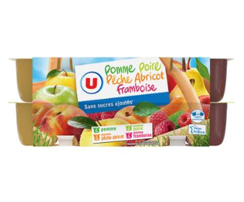 Compotes 4 parfums : pomme / poire / pêche-abricot / framboise, U (16 x 100 g)