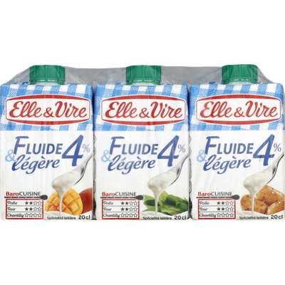Crème fraiche fluide et légère 4% MG, Elle & Vire (3 x 20 cl)