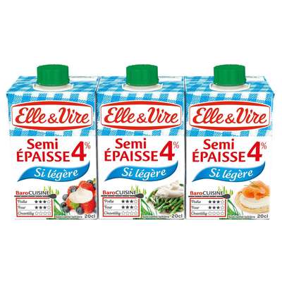 Crème fraîche semi épaisse 4% MG, Elle & Vire (3 x 20 cl)