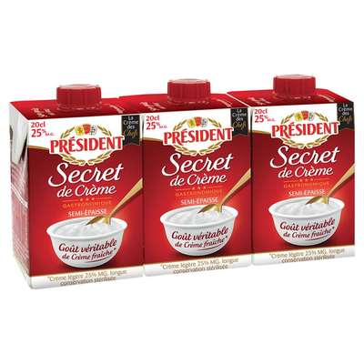 Crème semi-épaisse, Secret de crème 25%, Président (3 x 20 cl)