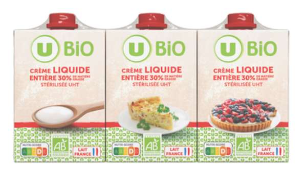 Crème entière UHT 30%MG BIO, U BIO (3 x 20 cl)