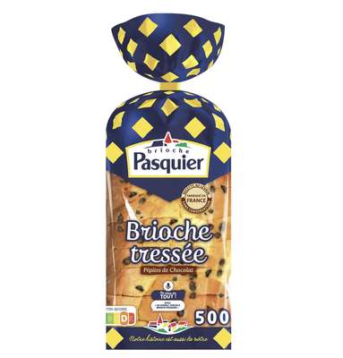 Brioche tressée tranchée aux pépites de chocolats, Pasquier (500 g)